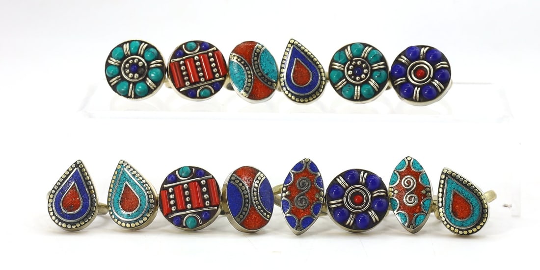 14 Vintage Tibetan Nepalese Adjustable Size Rings With Inlay Turquoise Coral And Lapis Lazuli Stone (1 of 2)