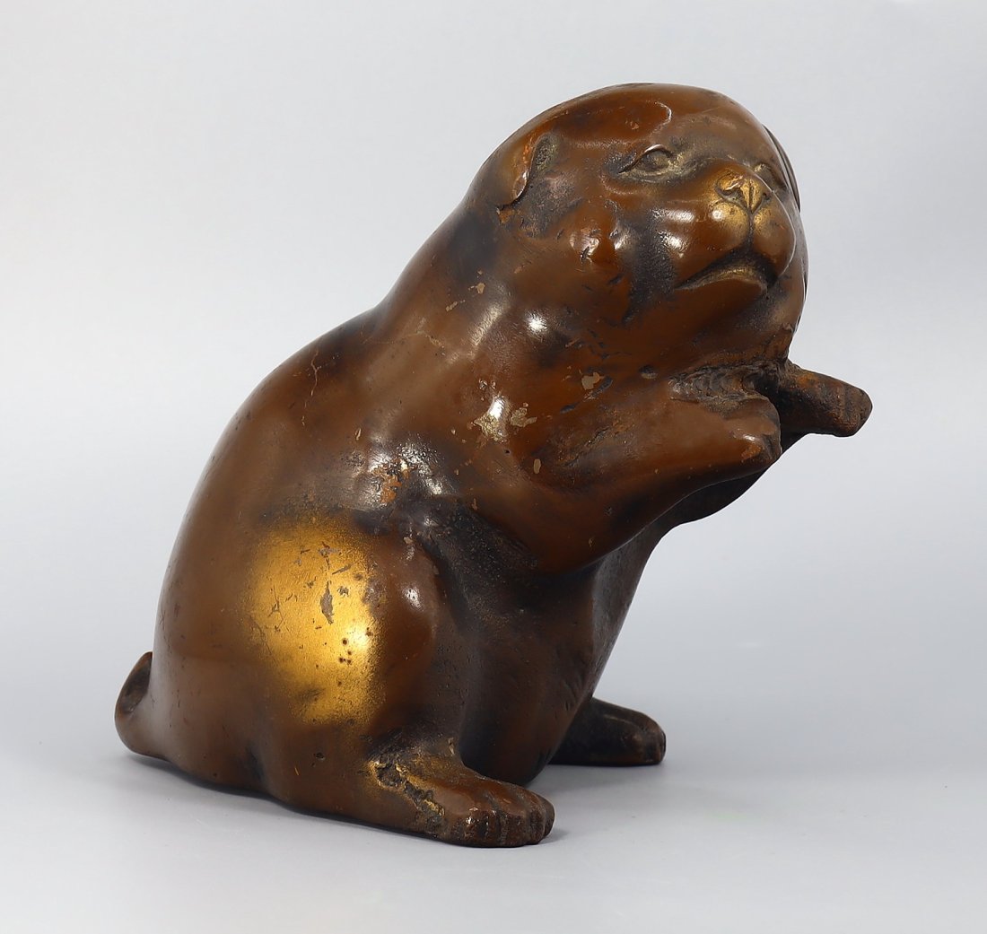Meiji Period, Large Antique Brass Netsuke of Puppy Figurine (1 of 4)