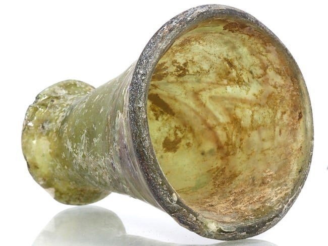 An Ancient Western Asiatic Roman Glass Unguentarium Cup Art Antique: 3 35/64 inches Weight: 26 grams (Before Packing) Thousand Planet Auction House Season 4: Ten2Go August Collection Auction. A bargain hunter's, fixer-upper's, and pack-rat's dream come true! Our Ten2Go