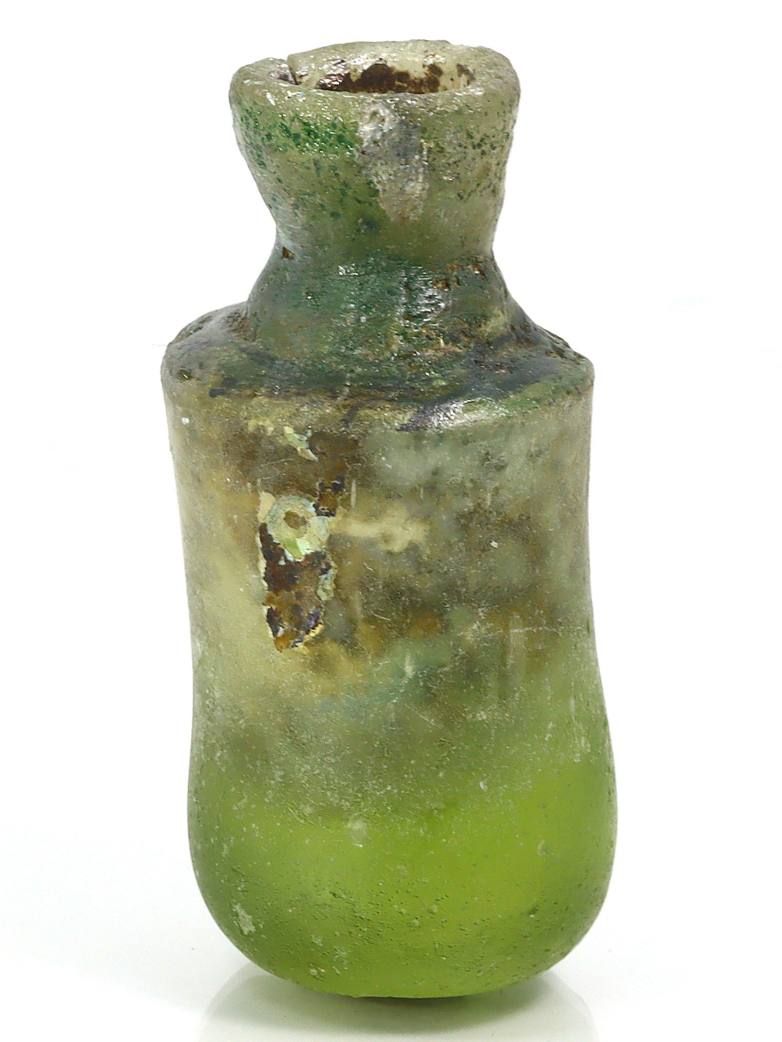 An Ancient Western Asiatic Roman Glass Unguentarium Flask Vessel Art Antique: 2 11/64 inches Weight: 34 grams (Before Packing) Thousand Planet Auction House Season 4: Ten2Go August Collection Auction. A bargain hunter's, fixer-upper's, and pack-rat's dream come true! Our Ten2Go