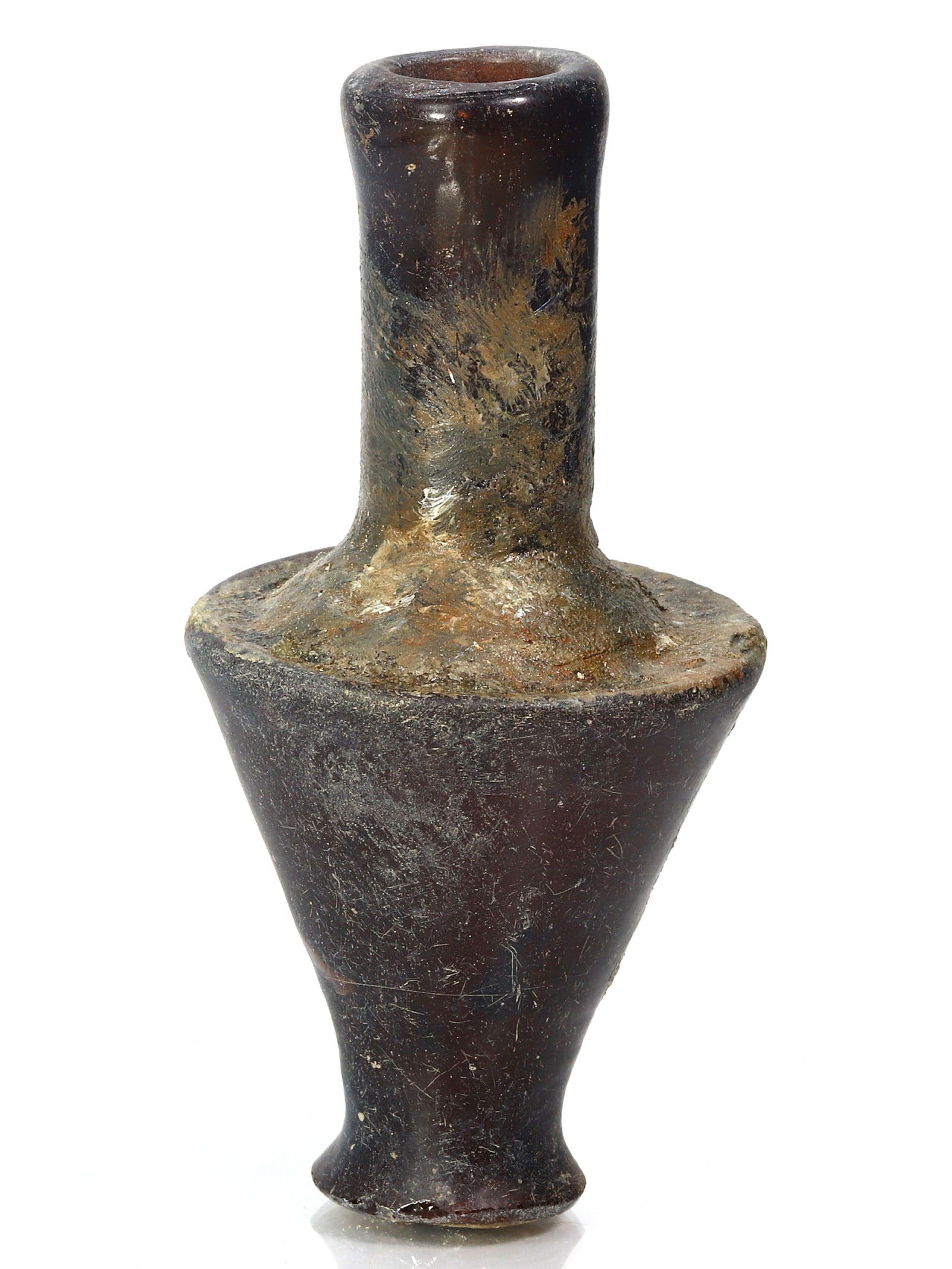 An Ancient Western Asiatic Roman Glass Unguentarium Flask Vessel Art Antique: 3 11/32 inches Weight: 32 grams (Before Packing) Thousand Planet Auction House Season 4: Ten2Go August Collection Auction. A bargain hunter's, fixer-upper's, and pack-rat's dream come true! Our Ten2Go