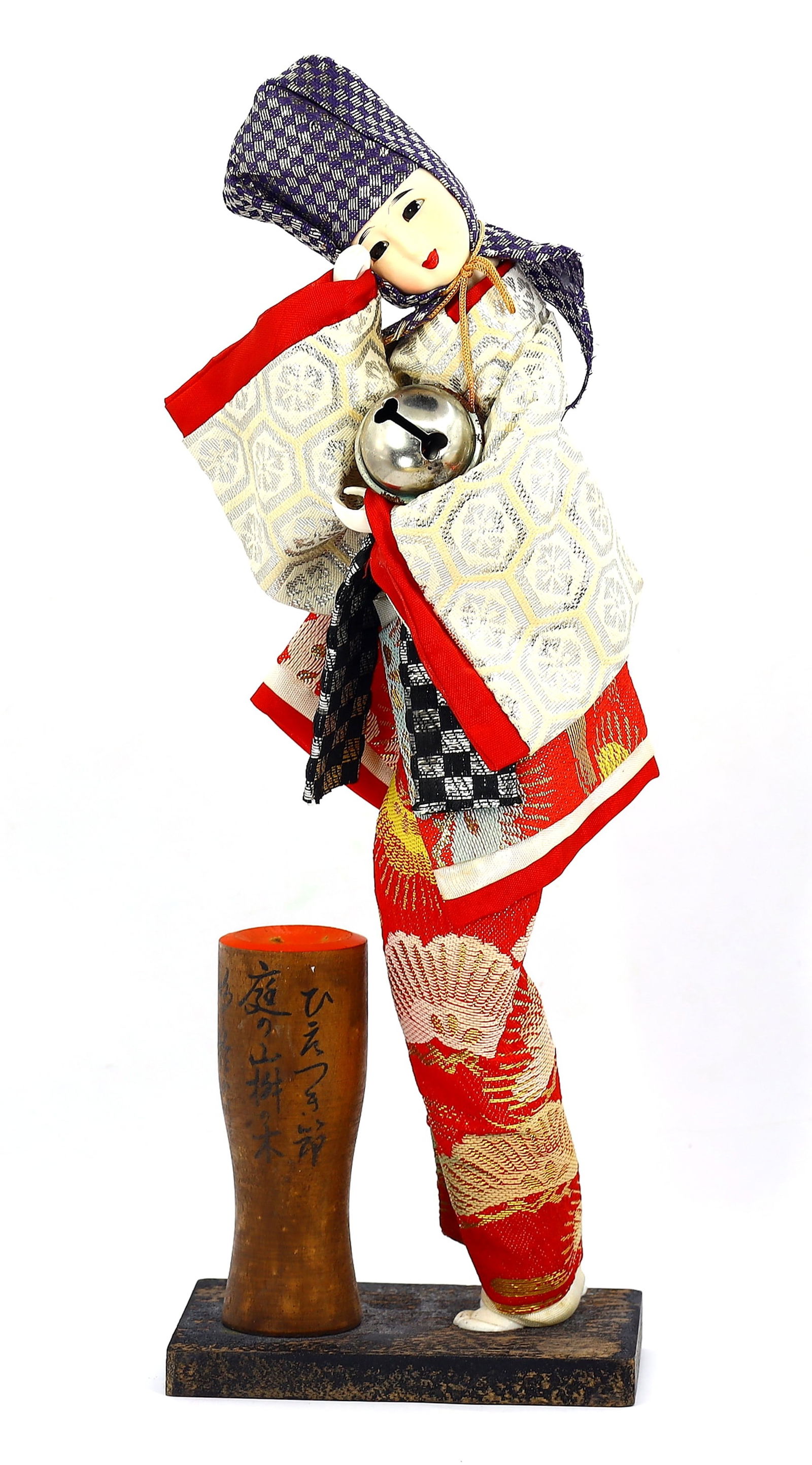 Vintage Japanese Doll in Silk Kimono Girl with Bell on Lacquer Stand: 10x29cm Weight: 155 grams (Before Packing) Thousand Planet Auction House Season 4: Ten2Go August Collection Auction. A bargain hunter's, fixer-upper's, and pack-rat's dream come true! Our Ten2Go "ware