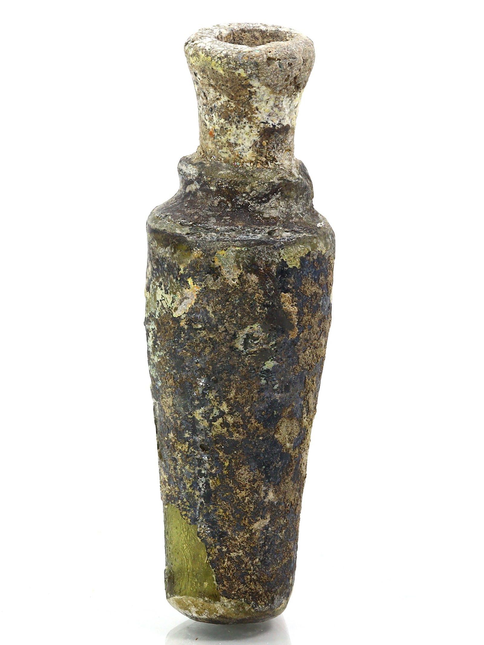 An Ancient Western Asiatic Roman Glass Unguentarium Flask Vessel Art Antique: 3 5/32 inches Weight: 16 grams (Before Packing) Thousand Planet Auction House Season 4: Ten2Go August Collection Auction. A bargain hunter's, fixer-upper's, and pack-rat's dream come true! Our Ten2Go