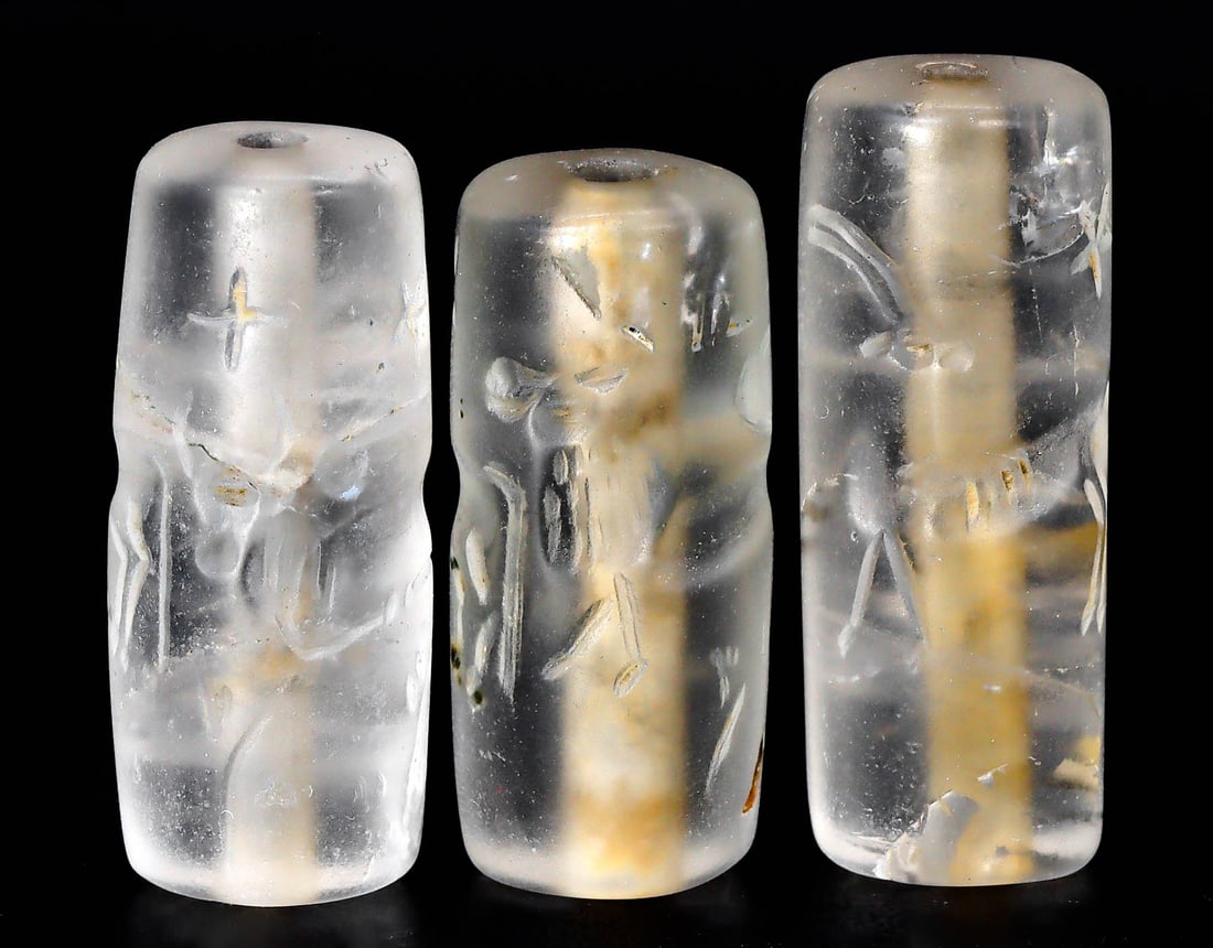 Three  Ancient Mesopotamian Rocky Crystal Cylinder Stamp Seal Ancient Artifact Art Carving (1 of 3)