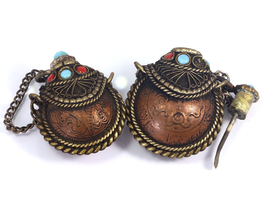 Two Antique Chinese Tibetan Inlay Coral and Turquoise Snuff Bottles (1 of 3)