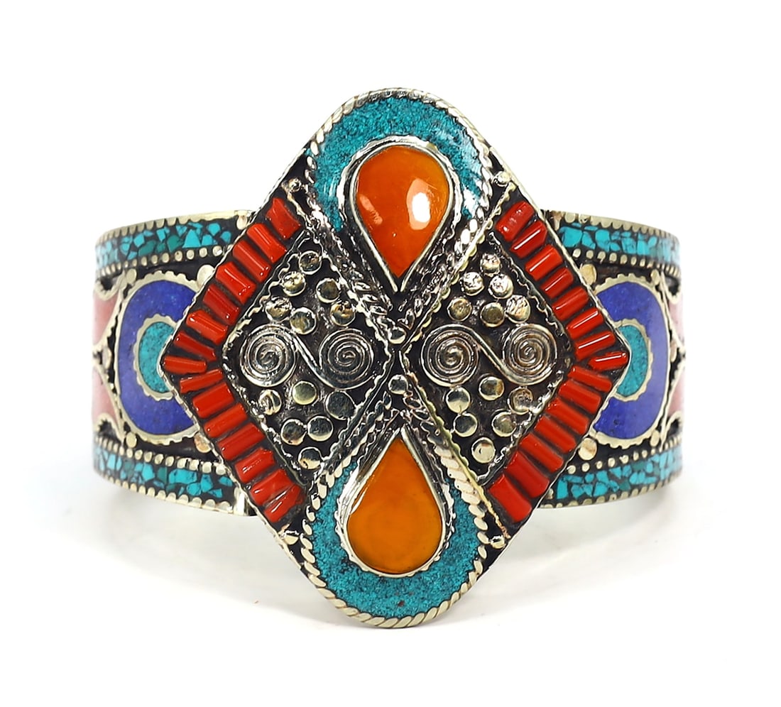 Vintage Tibetan Nepalese Cuff Bangle With Turquoise Coral And Lapis Lazuli Stone (1 of 4)