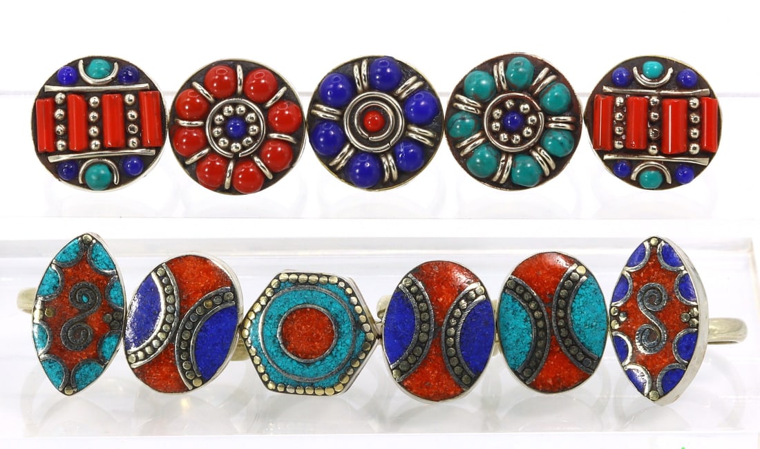 11 Vintage Tibetan Nepalese Adjustable Size Rings With Inlay Turquoise Coral And Lapis Lazuli Stone (1 of 2)