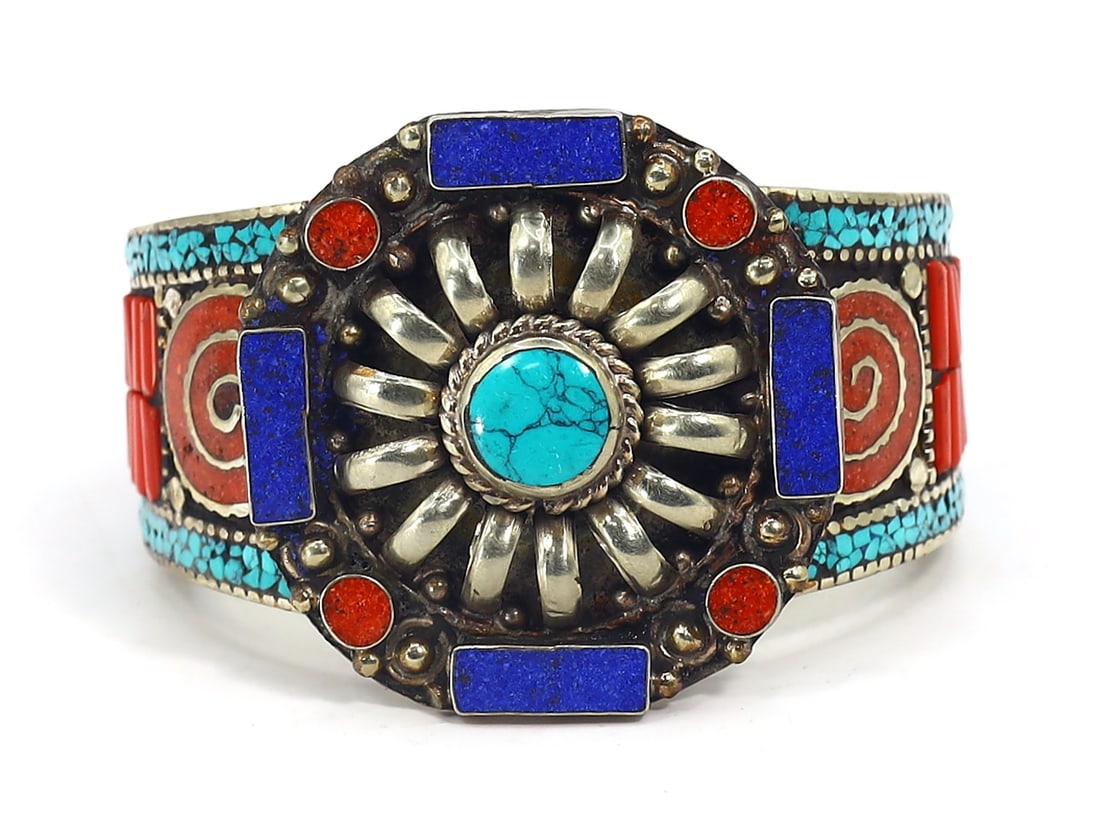 Vintage Tibetan Nepalese Cuff Bangle With Turquoise Coral And Lapis Lazuli Stone (1 of 4)