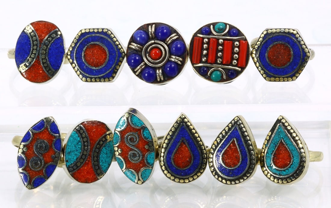 11 Vintage Tibetan Nepalese Adjustable Size Rings With Inlay Turquoise Coral And Lapis Lazuli Stone (1 of 2)