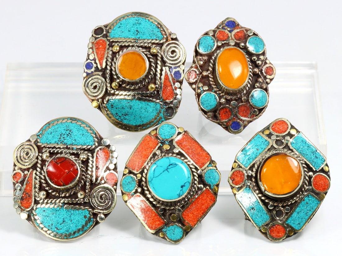 5 Vintage Tibetan Nepalese Adjustable Size Rings With Inlay Turquoise Coral And Lapis Lazuli Stone (1 of 2)