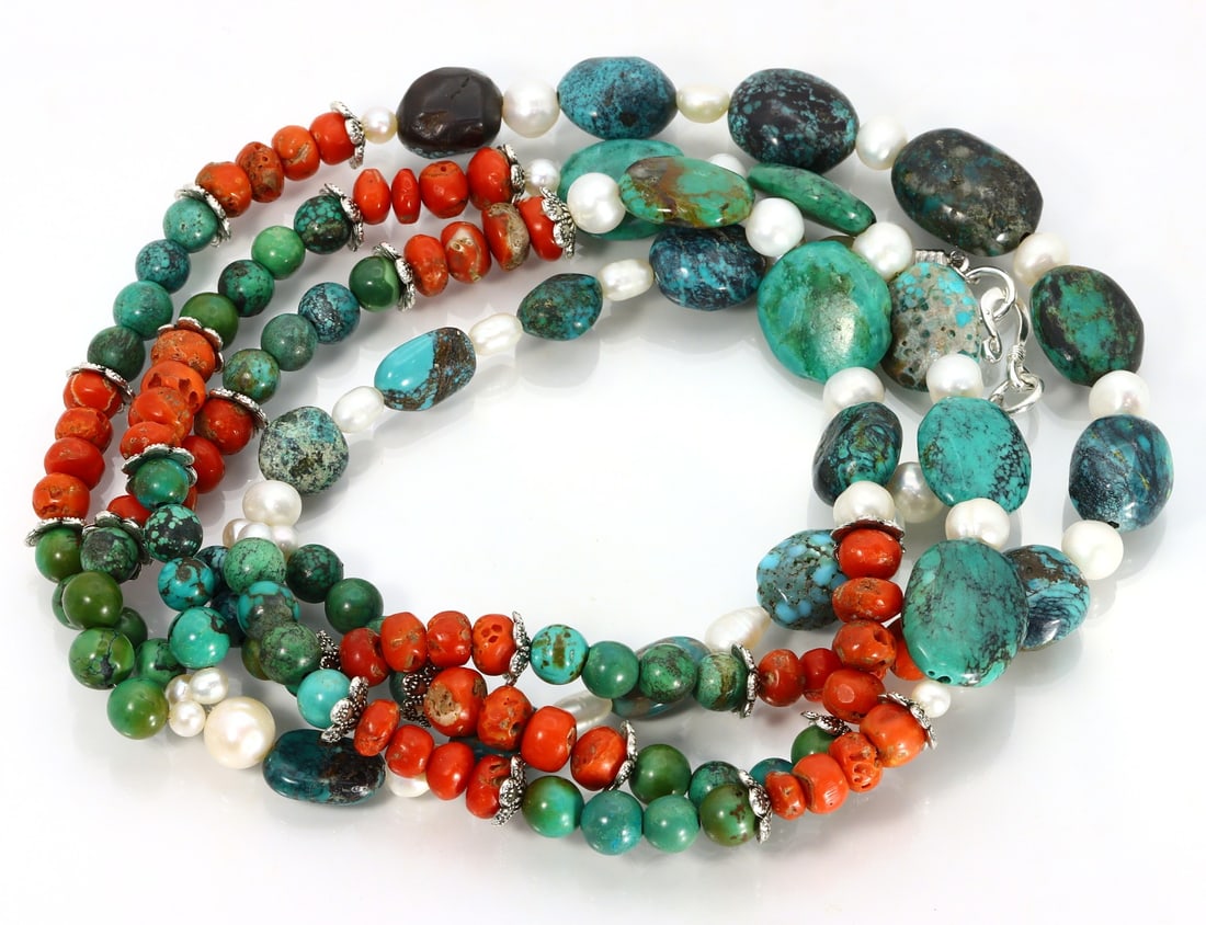 Antique Tibetan Turquoise Beads Old Red Coral Pearl Beaded 3 Lines Necklace (1 of 1)