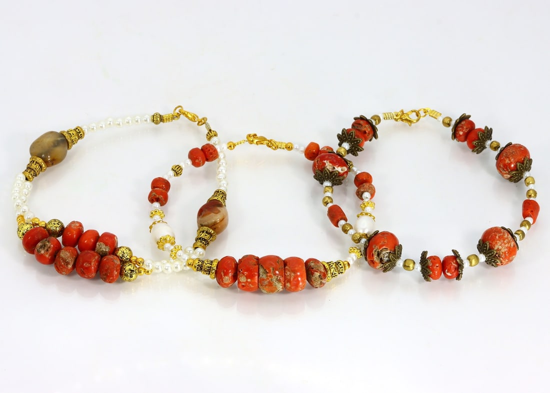 Collection of 3 Old Tibetan Agate Antique Red Coral Beads Bracelets (1 of 1)
