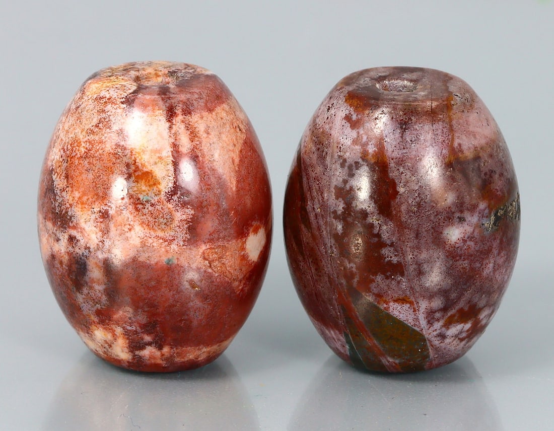 Two Chinese Tibetan Barrel Shaped Etched Agate Chung dZi Beads (1 of 3)