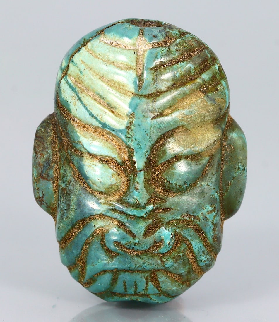 Very Old Tibetan Turquoise Bead with Ancient Face Carving (1 of 3)