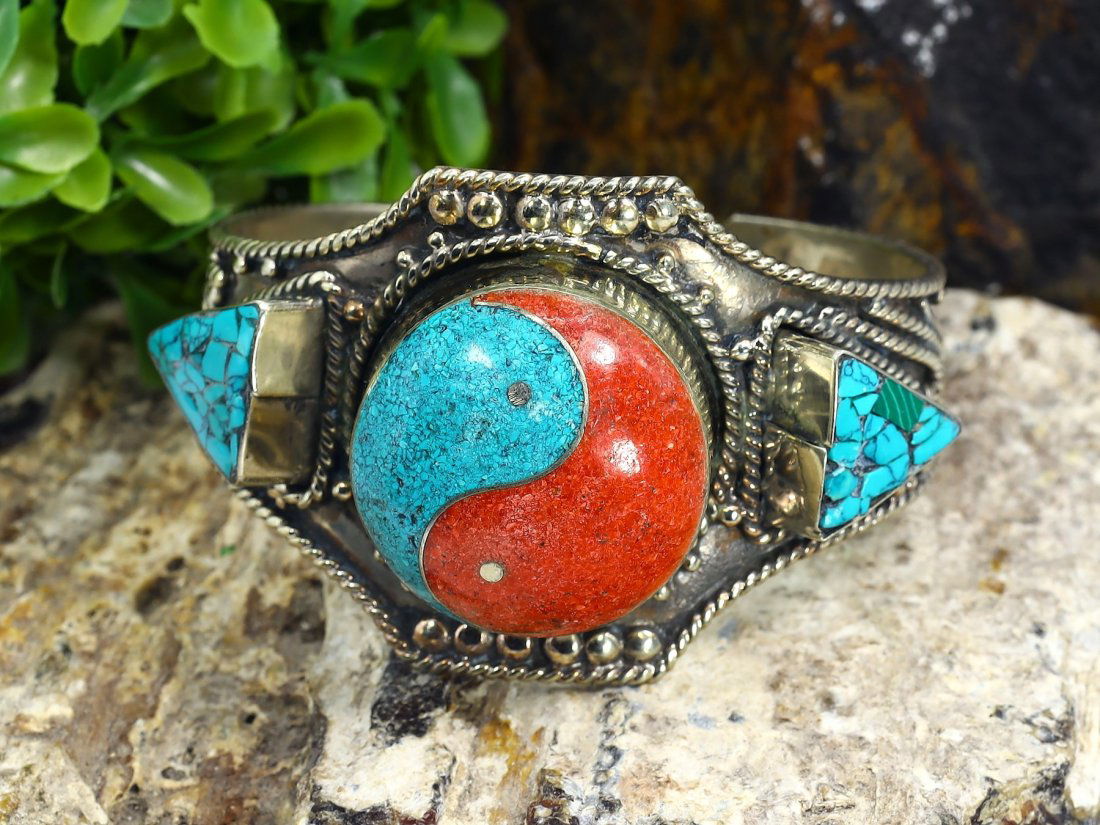 Vintage Tibetan Nepalese Cuff Bangle With Turquoise Coral And Lapis Lazuli Stone (1 of 4)