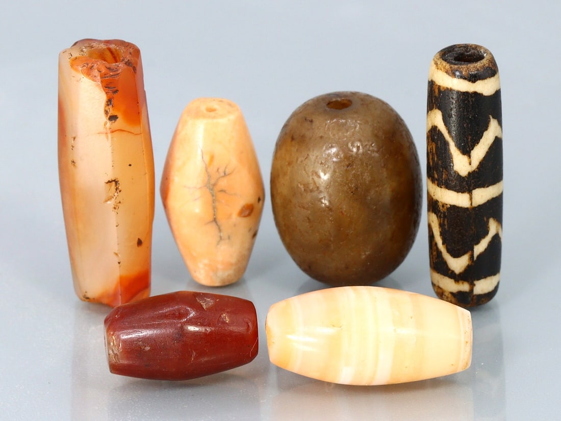 Six Ancient Western Asiatic Agate Carnelian Beads Carving Asian Art Carving Antiques (1 of 2)