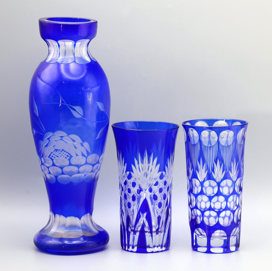 Set of 3 Japanese Handcraft Cobalt Blue Cut to Clear Tumblers and Carafes (1 of 3)