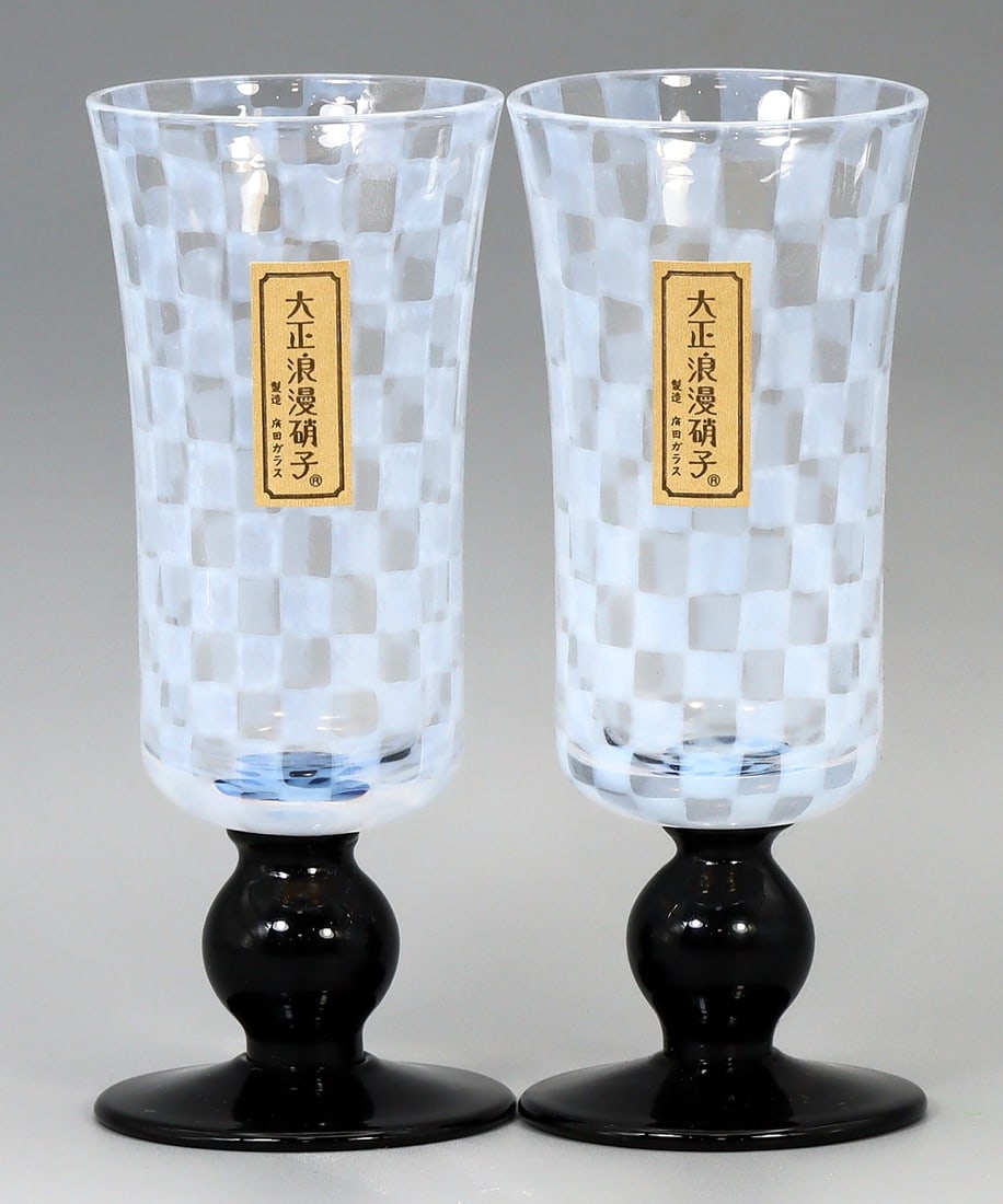 Pair of Japanese Taisho Romantic Glass Goblets in Wooden Box: 5x12.5cm Weight: 133 grams (Before Packing) A bargain hunter's, fixer-upper's, and pack-rat's dream come true! Our Ten2Go "warehouse" style auction presents over thousand lots in a fast-paced old-styl