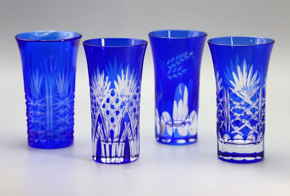 Set of 4 Japanese Edo Kiriko Cobalt Blue Bamboo Fence Design Highball Glass Tumblers (1 of 3)