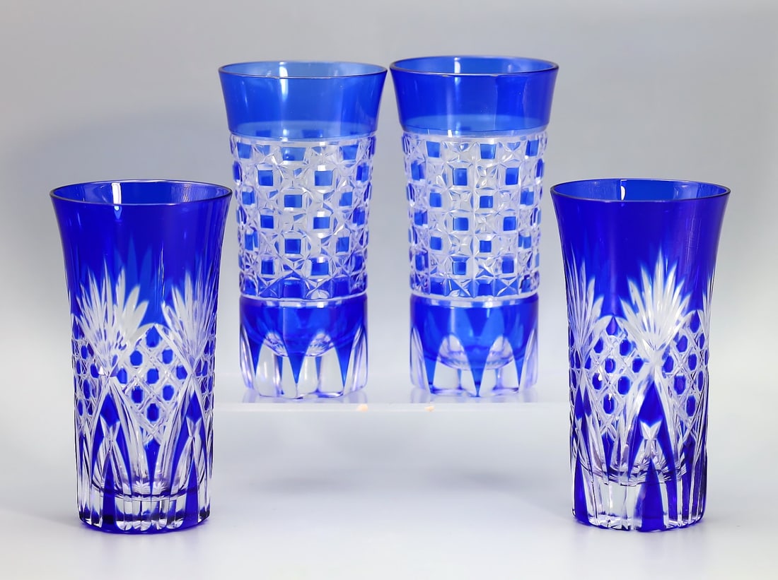 Set of 4 Japanese Edo Kiriko Cobalt Blue Bamboo Fence Design Highball Glass Tumblers (1 of 4)