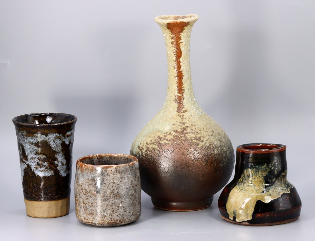 4 Japanese Ceramic Artisan Abstract Art Sake Bottle Flask and Sake Cups (1 of 4)