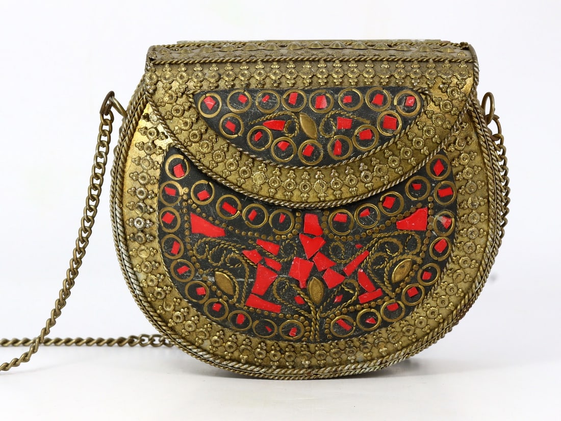 Vintage Tibetan Coral Red Chips Inlay Bag Shoulder Bag Purse Brass Clutch (1 of 4)