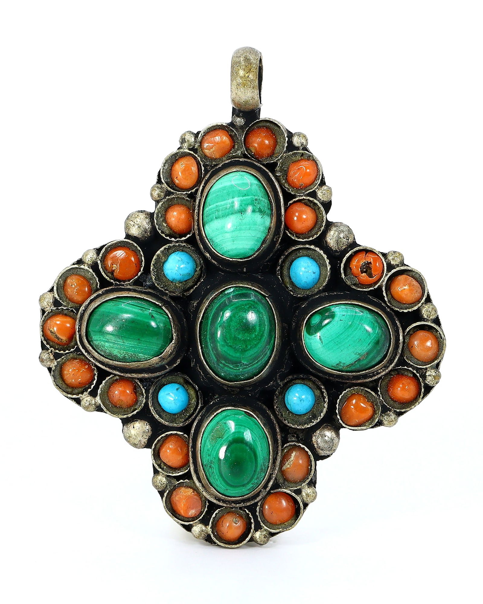 Vintage Tibetan Malachite, Turquoise & Coral Stone Tribal Silver Pendant Locket (1 of 3)