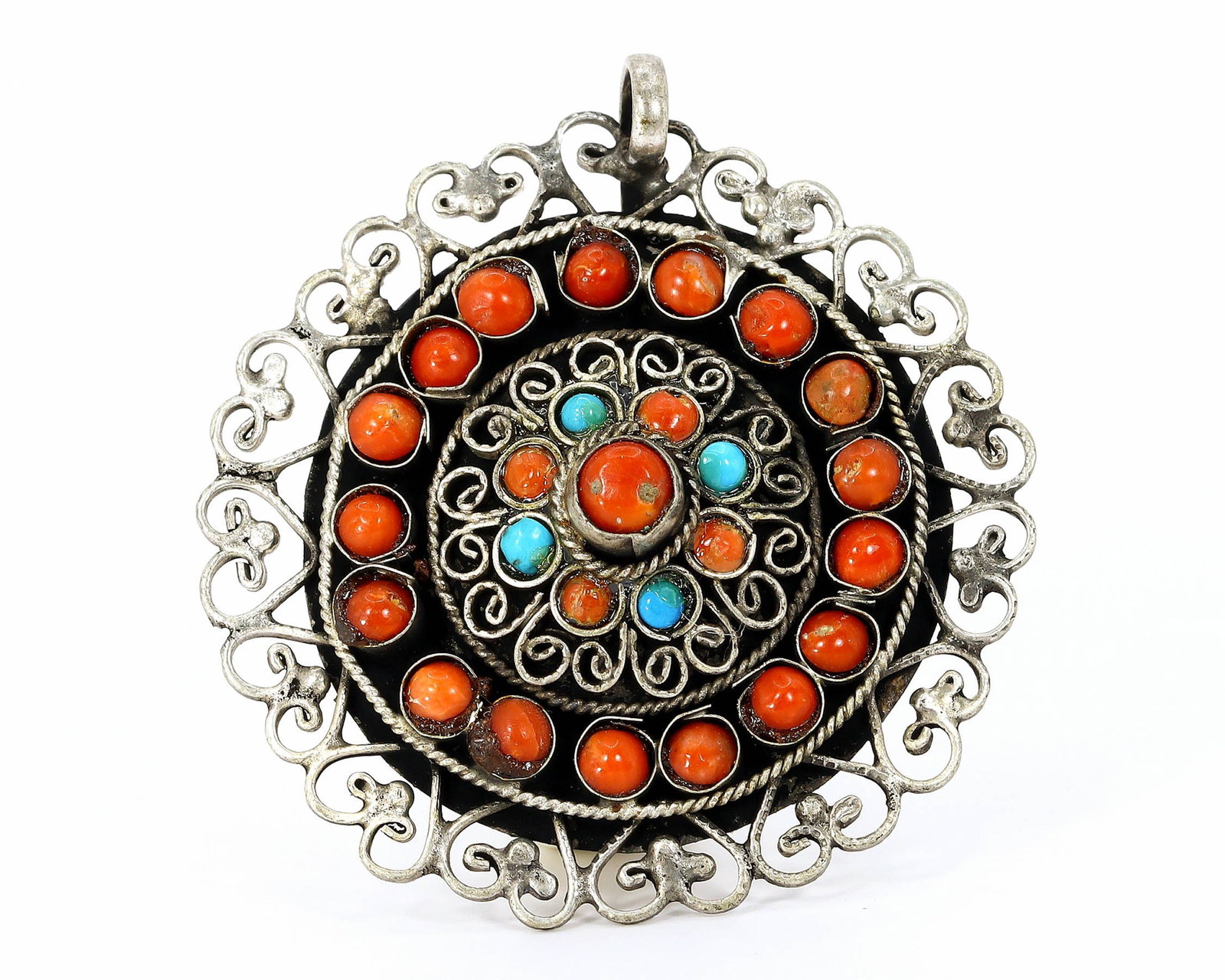 Vintage Tibetan Natural Turquoise & Natural Coral Stone Tribal Silver Pendant Locket: 4.5x4.5cm Weight: 12.1 grams (Before Packing) A bargain hunter's, fixer-upper's, and pack-rat's dream come true! Our Ten2Go "warehouse" style auction presents over thousand lots in a fast-paced old-st