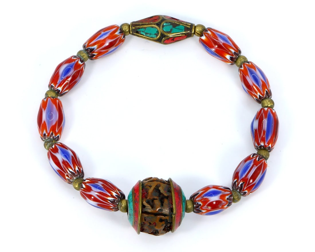 Vintage Himalayan Tibetan Bohemian Style Vintage Chevron & Tibetan Brass Beads Beaded Bracelet (1 of 3)