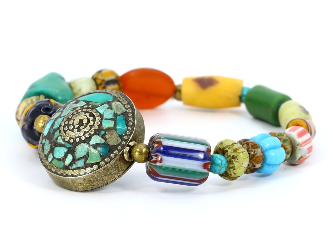 Vintage Himalayan Tibetan Bohemian Style Vintage Chevron & Tibetan Silver Beads Beaded Bracelet (1 of 2)