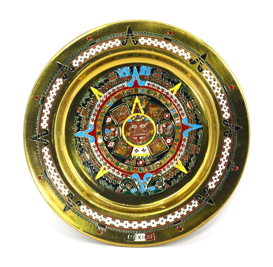 Vintage Brass Enamel Mayan Calendar Plate Mexico (1 of 2)