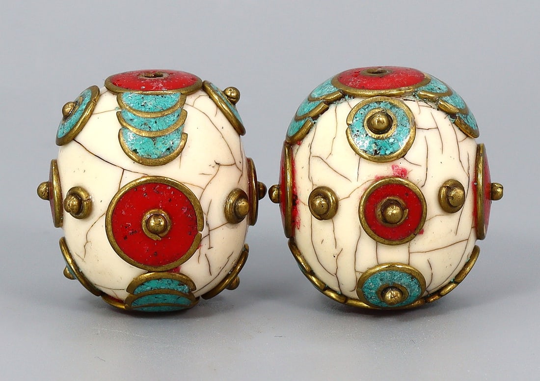 Vintage Tibetan Turquoise Blue Coral Red & Shell Inlaid Brass Pendant Beads (1 of 3)