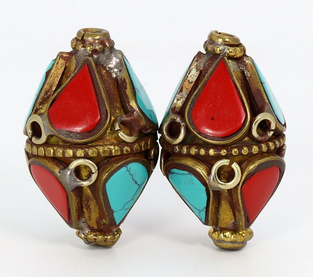 Vintage Tibetan Turquoise Blue & Coral Red Chips Inlaid Brass Pendant Beads (1 of 3)
