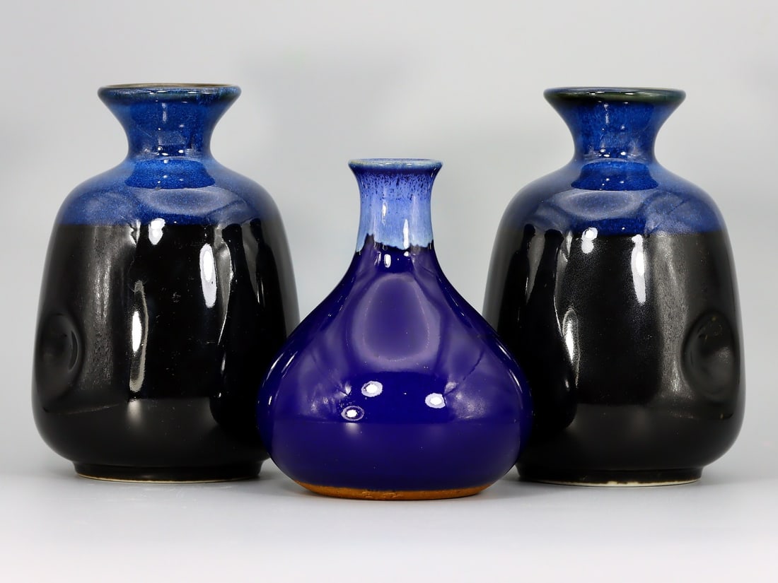 3 Japanese Electric Art Blue Ceramic Sake Liquor Bottles (1 of 4)