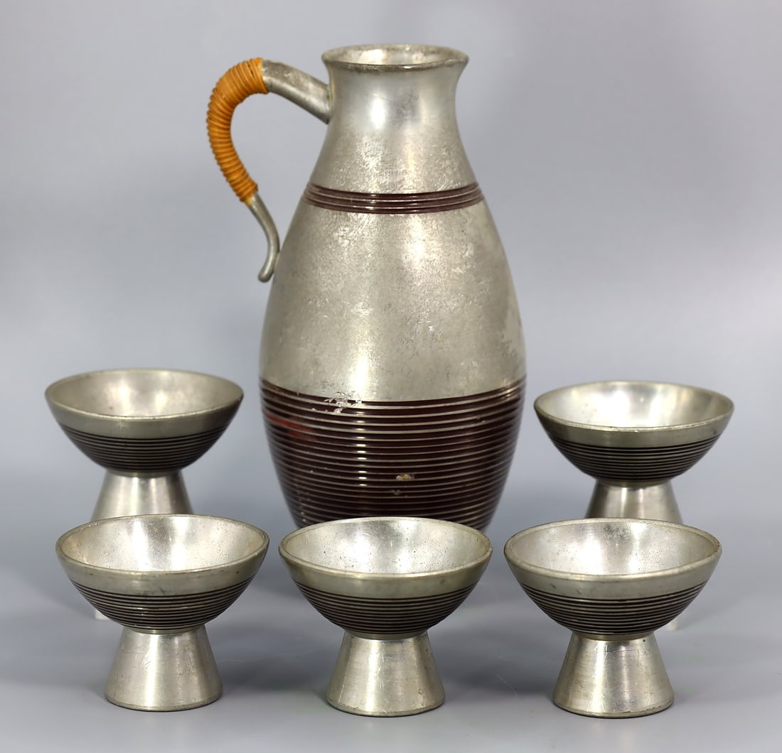 Collection of Vintage Silver Pewter Bottle Along with 5 Pewter Sake Cups (1 of 4)