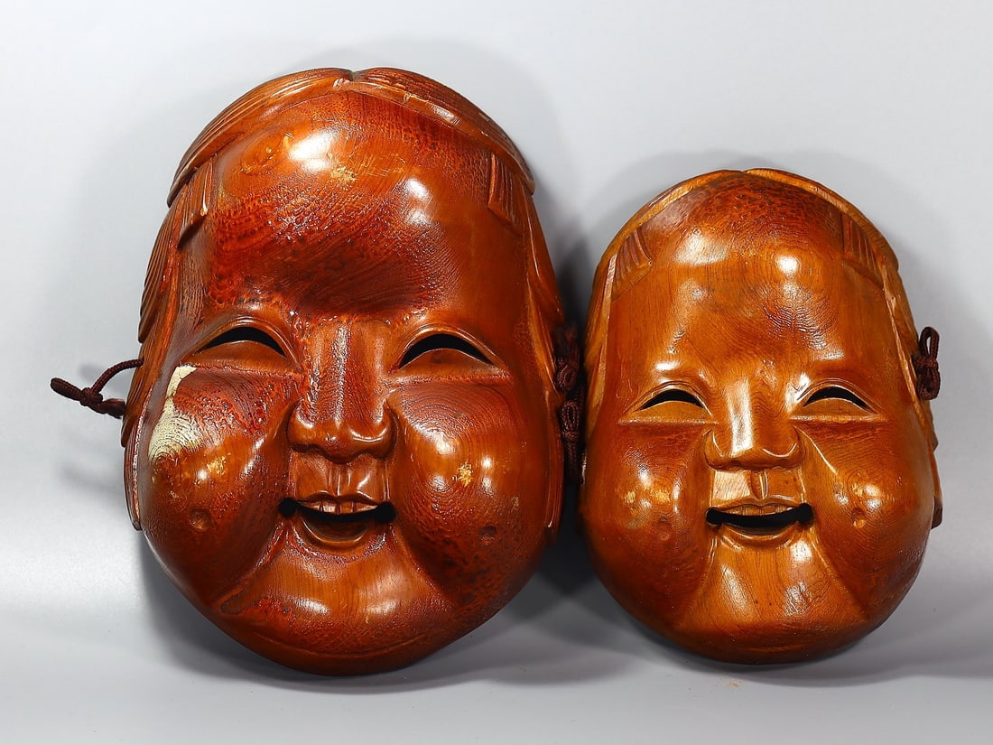 Two Vintage Japanese Hand Carved Noh Theater Mask Made of Wood (1 of 3)