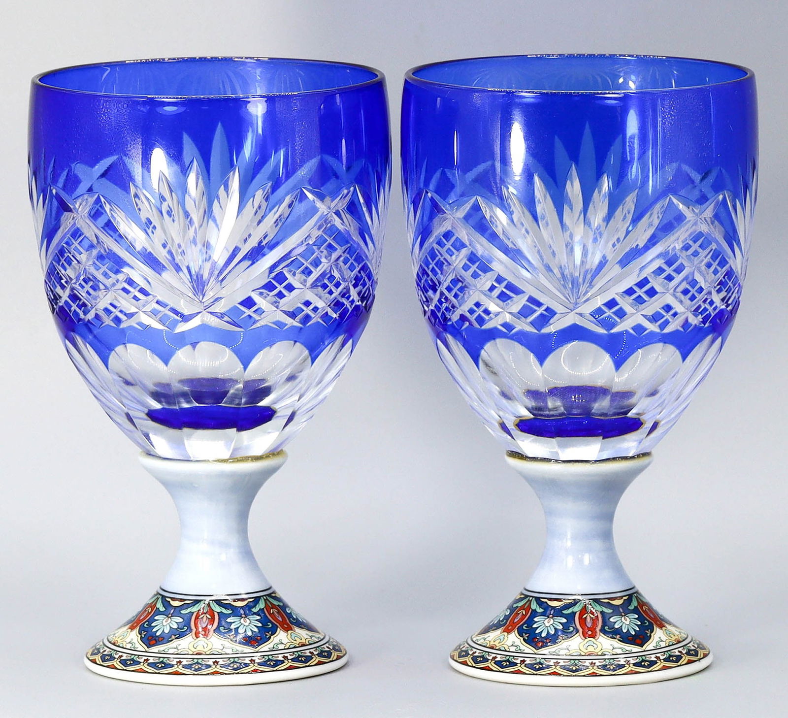 Pair of Japanese Asuka Kiriko Cobalt Blue Goblets with Porcelain Foot Stamped (1 of 4)