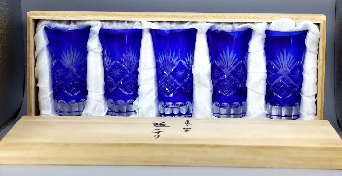 Set of 5 Japanese Edo Kiriko Cobalt Blue Bamboo Fence Design Highball Glass Tumblers (1 of 6)