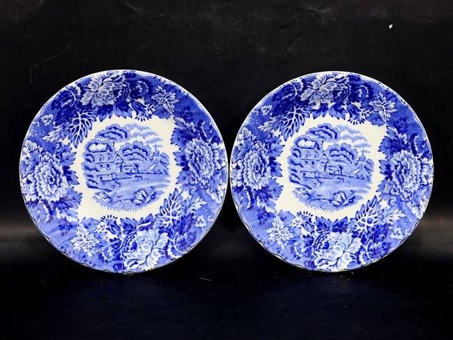 Set of 2 Blue & White Enoch Woods English Ceramic Scenery Platters (1 of 3)