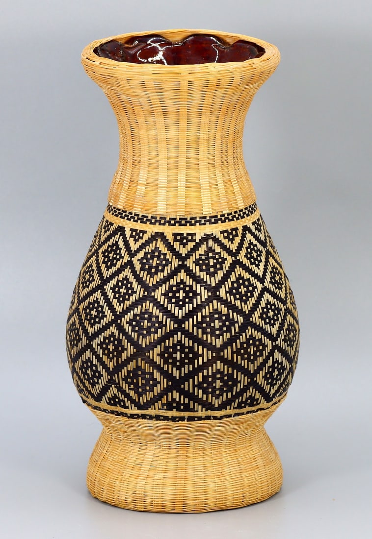 Vintage Japanese Weaving Bamboo Ceramic Art Vase (1 of 3)