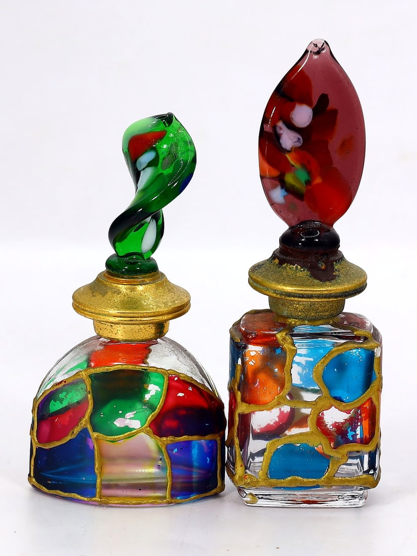 2 Italy Murano Art Glass Perfume Bottles Mini Hand Stained Finials (1 of 2)