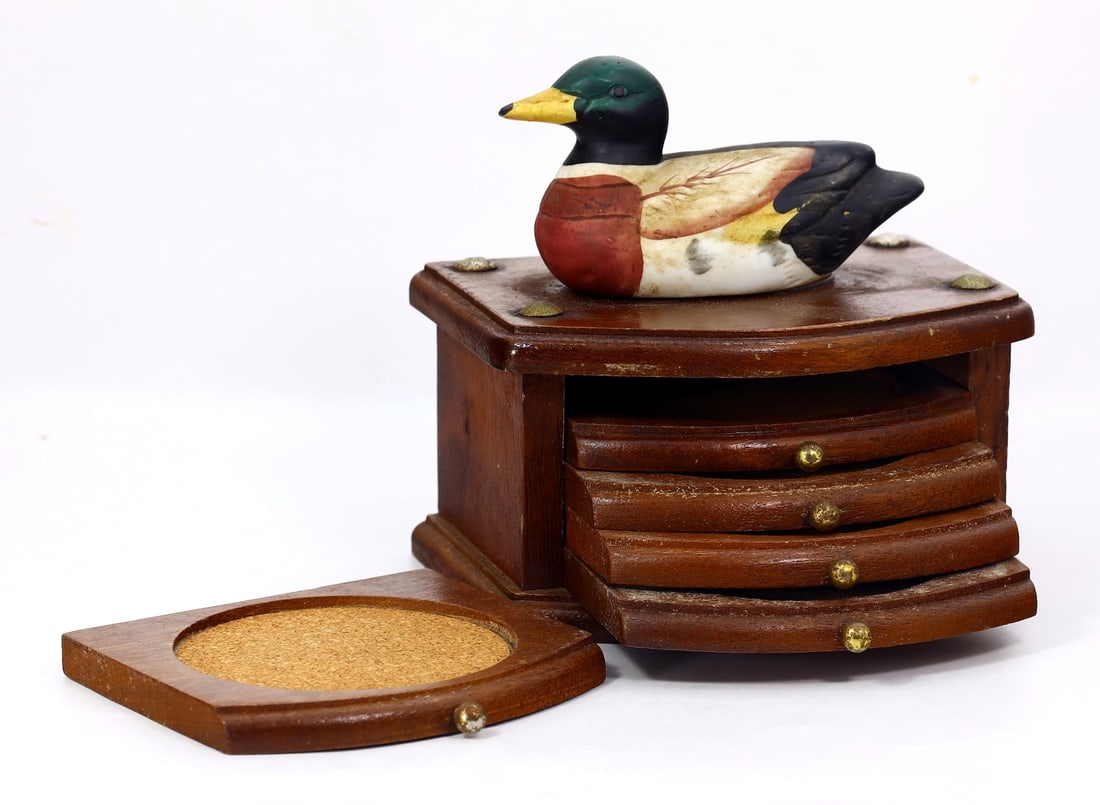 Vintage Set Of Wooden Coaster Set With Brass Knobs Featuring Hand Carving Mallard Duck (1 of 6)