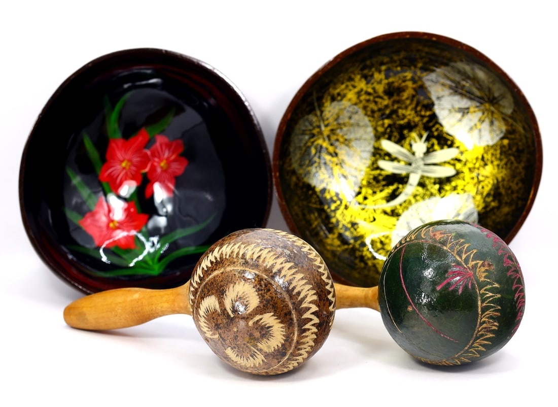 Collection of Southeast Asian Coconut Bowls & Coconut Music Instrument (1 of 2)