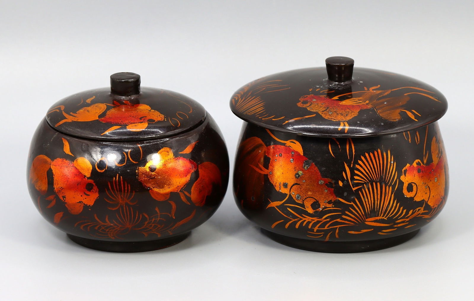 Two Vintage Painted Koi Fish Lacquerware Wood Trinket Boxs with Lids (1 of 3)
