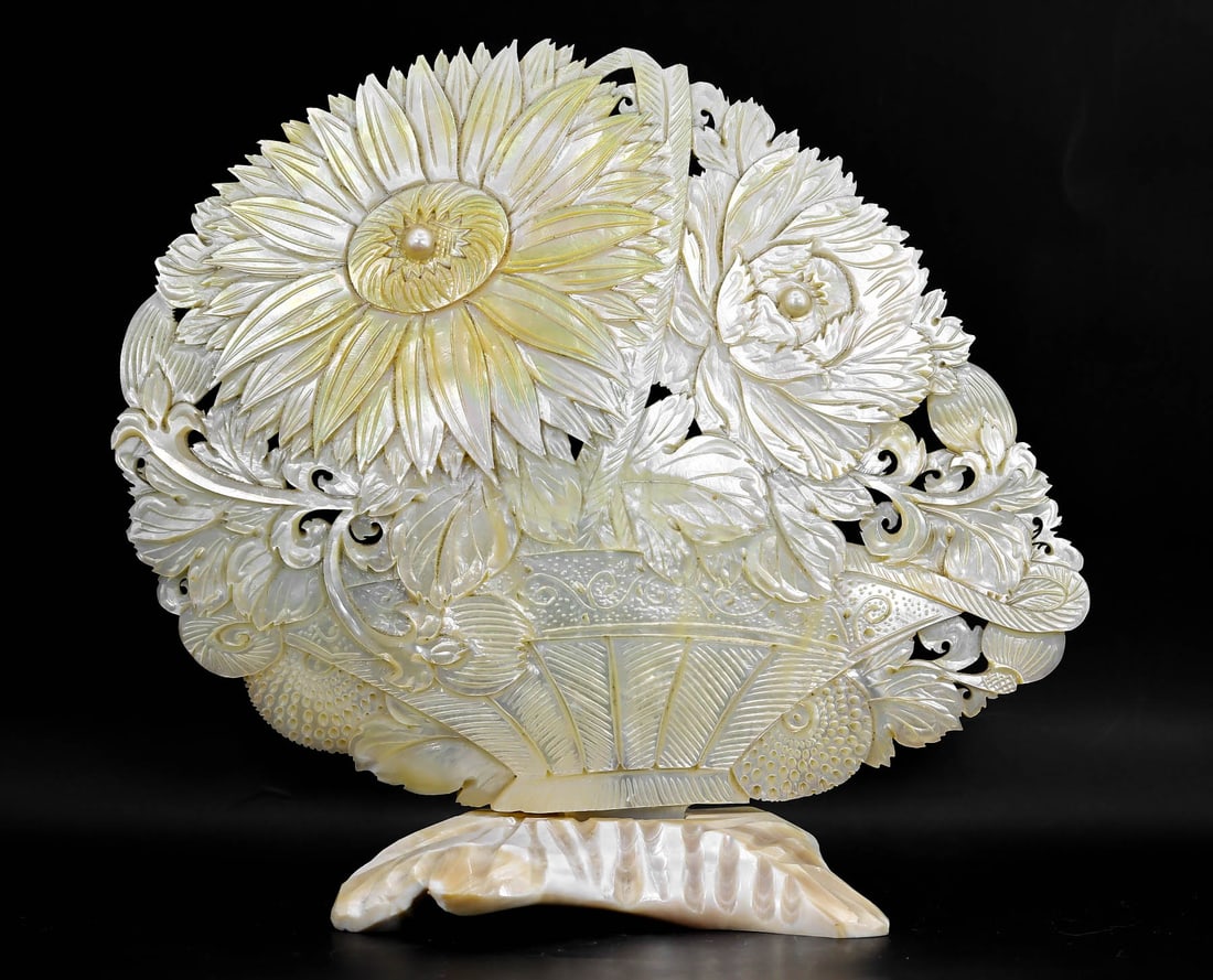 Vintage Carved Pearl Shell in the Shape of Flower on Stand (1 of 5)