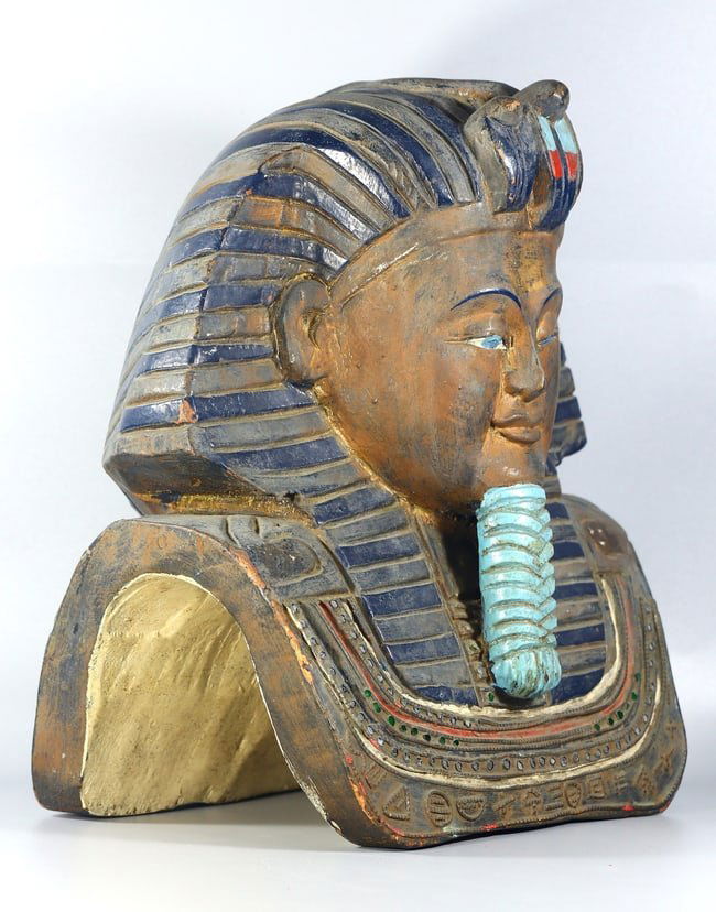 Vintage Bust of Wooden Egyptian Pharaoh Tutankhamun Burial Mask (1 of 4)