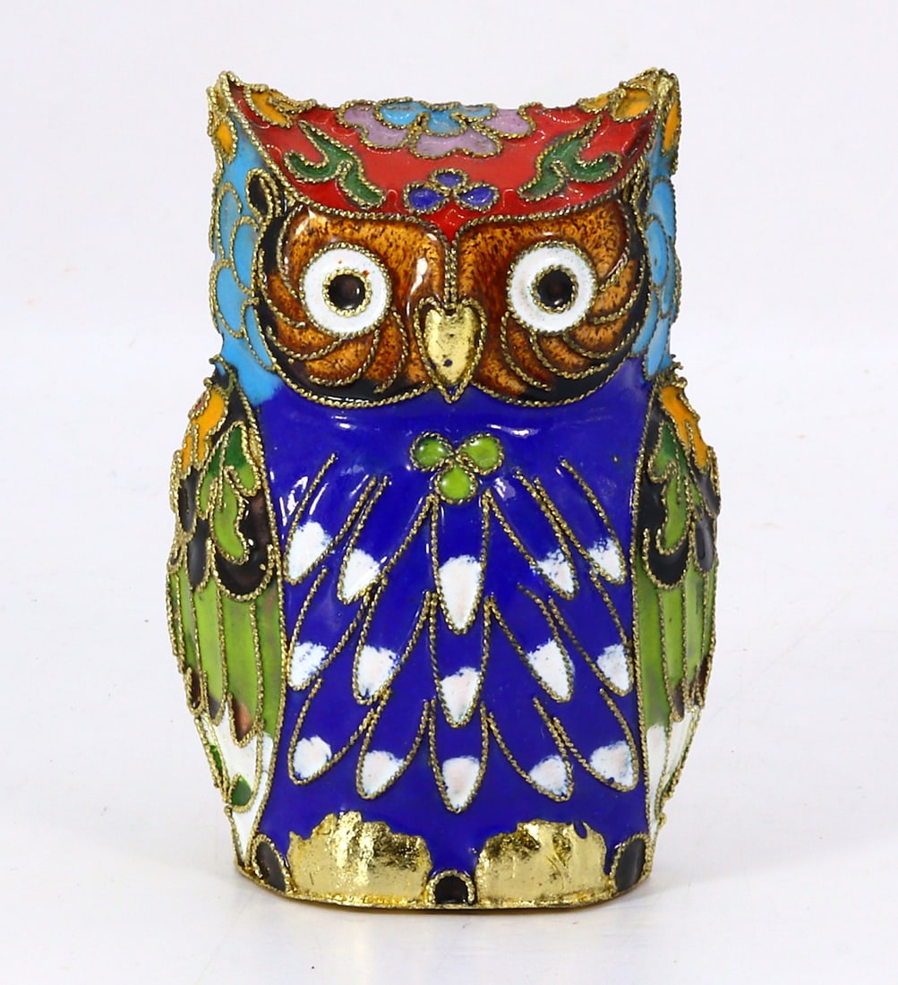 Chinese Cloisonne Enamel Handmade Exquisite Two Sided Owl Figurine Statue (1 of 4)