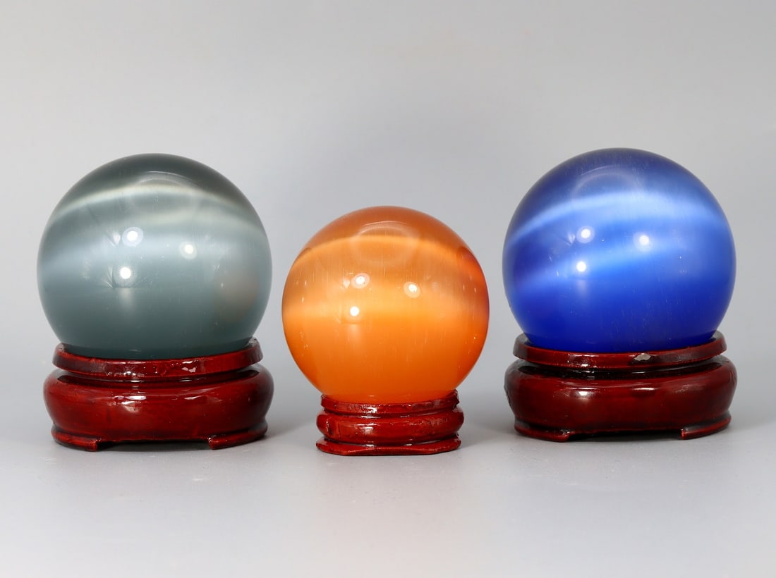 49mm-56mm Three Cat Eye Crystal Ball Sphere Art Glass Paperweight Glass Ornament with Stand (1 of 2)