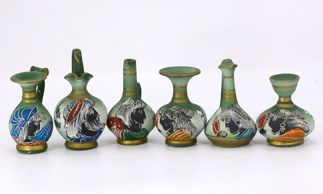 Collection of 6 Ancient Greek Painting Style Green Pottery Pitcher Miniature Ornament (1 of 3)