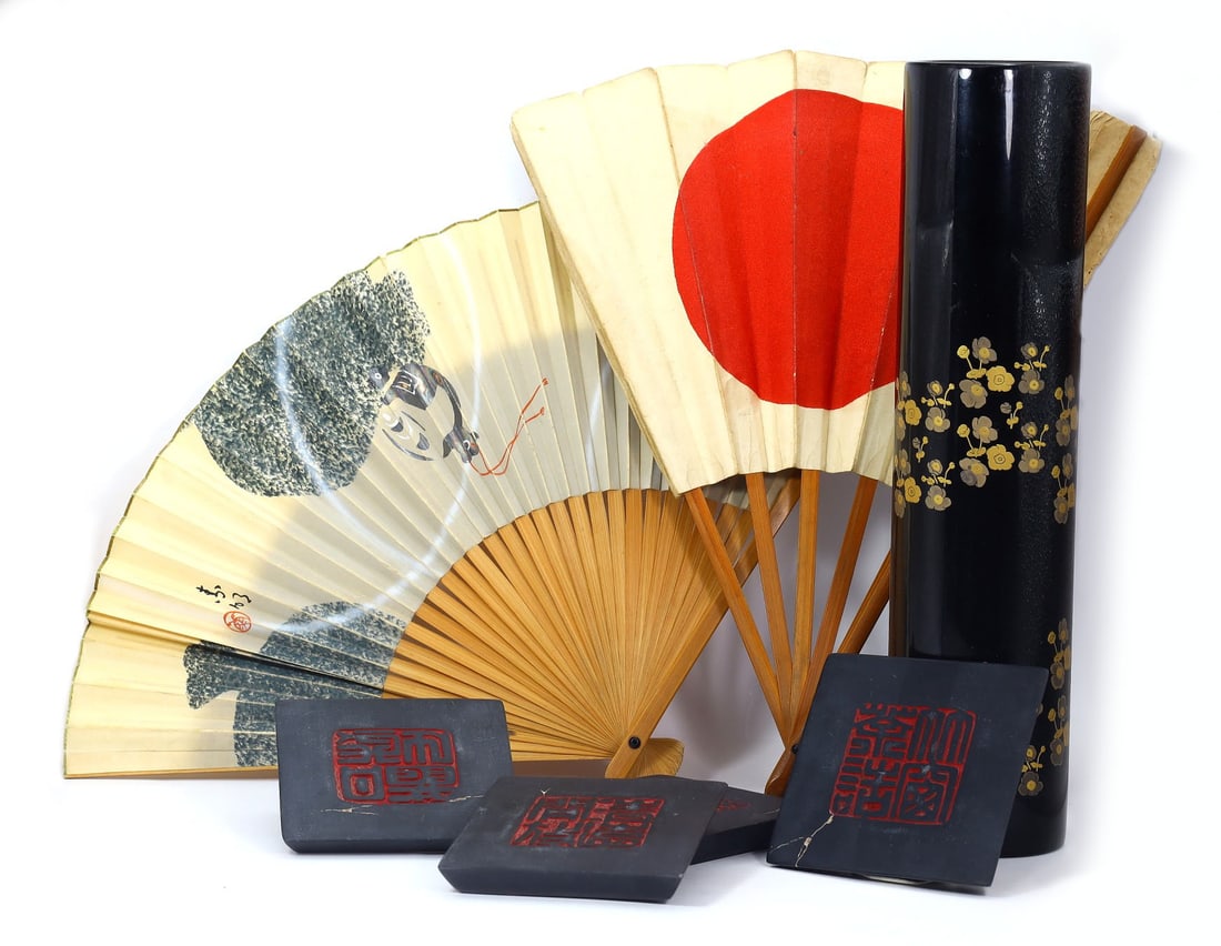 Collection of Vintage Japanese Fans, Copper Brush Pot & Modern Stamp Seals (1 of 3)